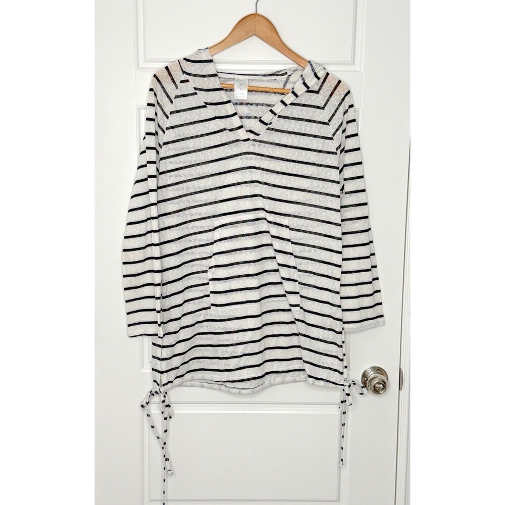 Kona Sol Stripe Hoodie Swim Cover Shirt Mini Dress M Blue White Striped